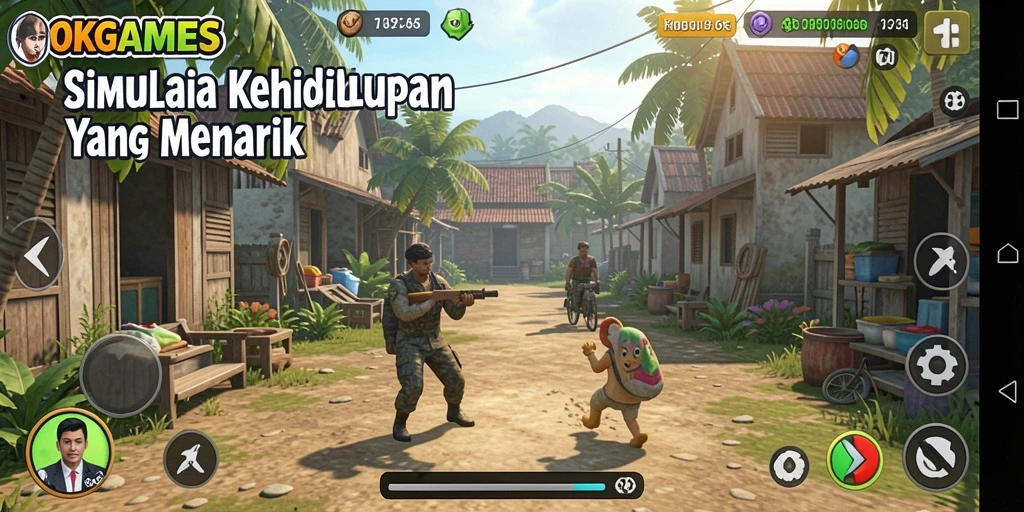 Screenshot utama gameplay OKGAMES menampilkan simulasi kehidupan yang seru.