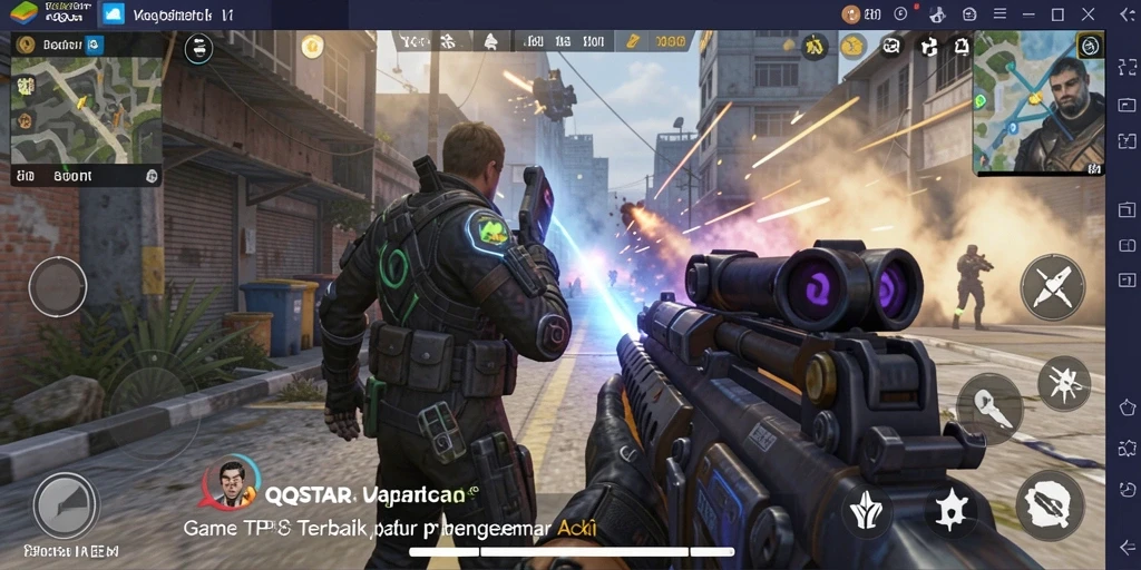 Screenshot utama QQSTAR menampilkan aksi pertempuran intens di dunia TPS.