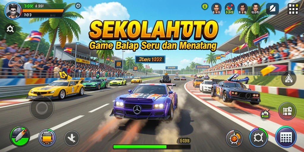 Tampilan gameplay menegangkan dari SEKOLAHTOTO di lintasan balap.