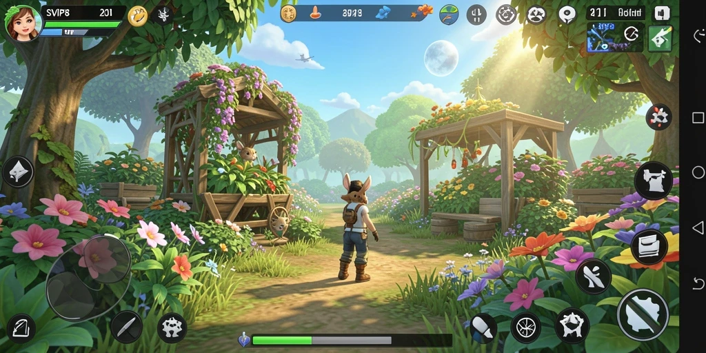 Screenshot gameplay <strong>SVIP8</strong> yang menampilkan ladang yang subur dan hewan ternak.